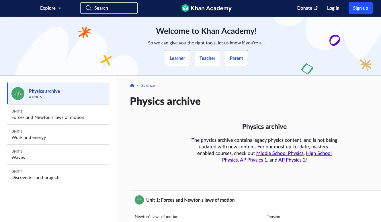 Physics archive course page on Khan Academy showing units like Newton’s laws of motion, work and energy, waves, and discoveries in physics.