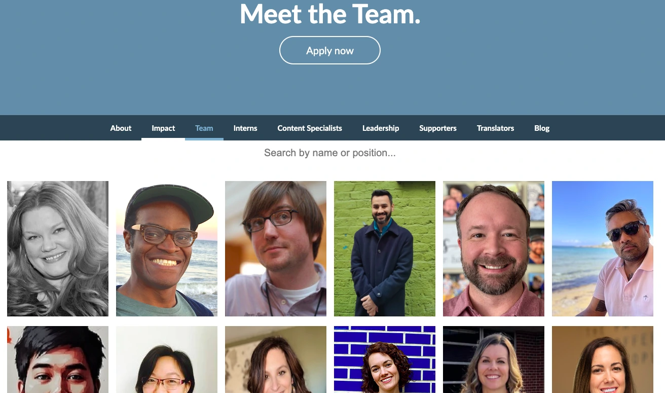 Team member directory page showing staff profile photos and a search bar on Schoolhouse.world, an education platform created by the founder of Khan Academy