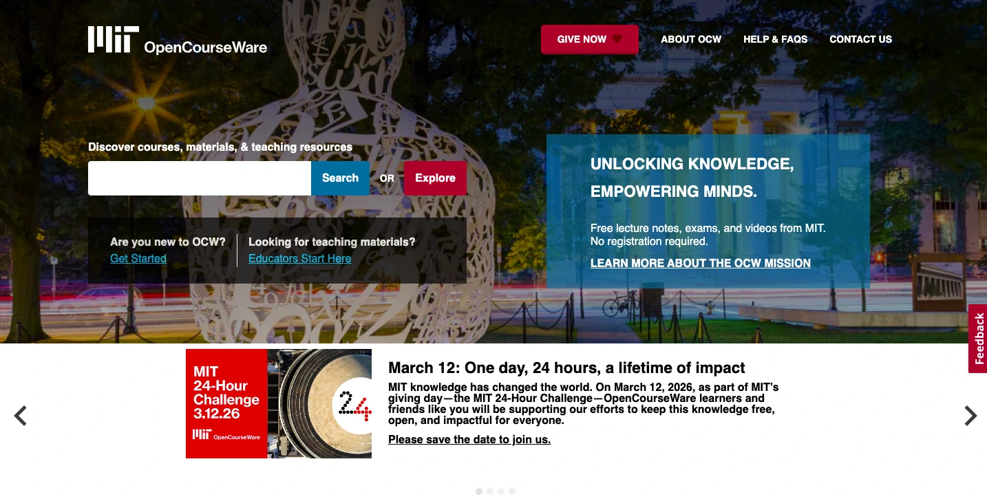 MIT OpenCourseWare homepage banner highlighting free online courses, lecture notes, exams, and educational resources from MIT