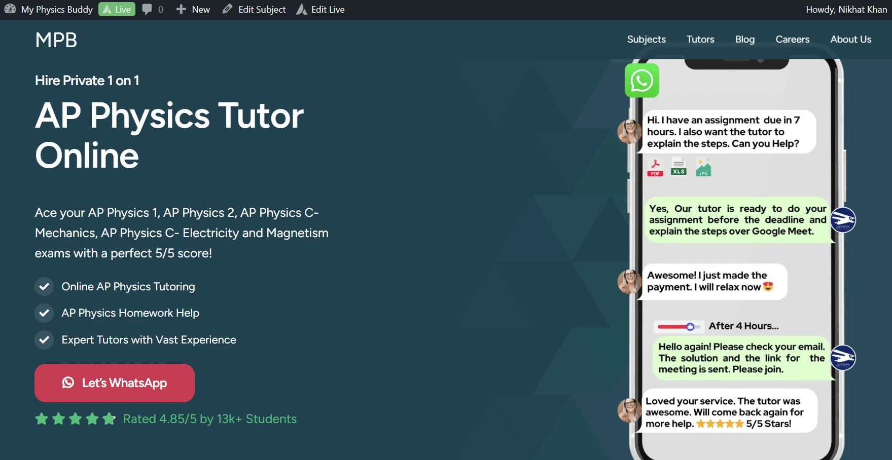 My Physics Buddy (MPB) landing page for “AP Physics Tutor Online” offering private 1-on-1 tutoring, homework help, and expert tutors, with a WhatsApp chat mockup and a “Let’s WhatsApp” button.