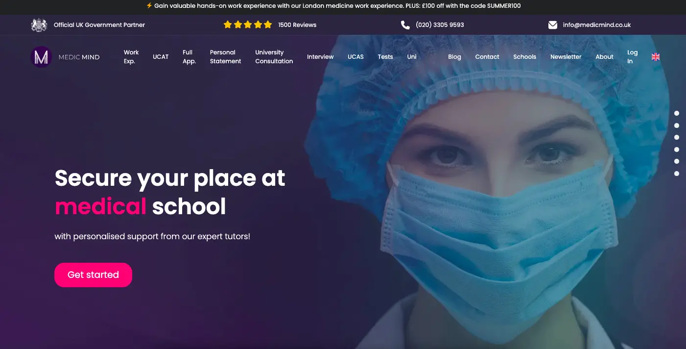  Medical school admission support with expert tutoring, featuring a healthcare professional in surgical mask and personalized UCAT and application guidance