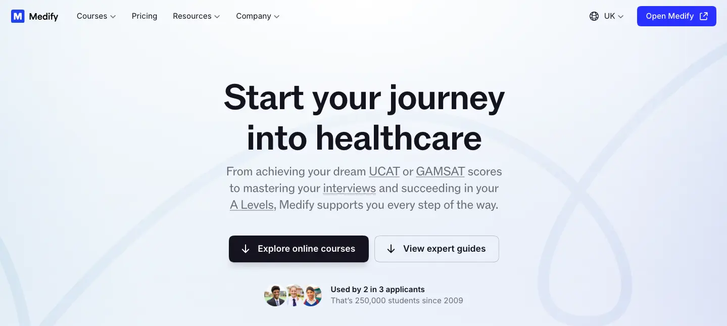 Healthcare career preparation platform with UCAT and GAMSAT courses, interview training, and A Level support for aspiring medical students