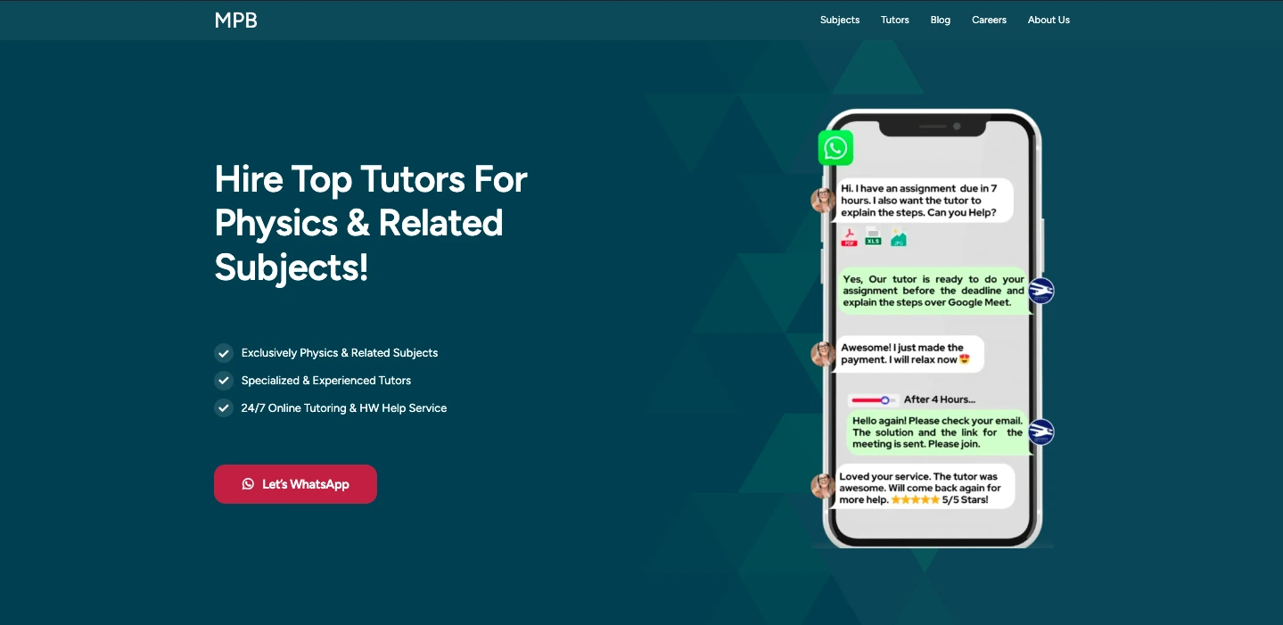 Website banner promoting physics tutoring services from MPB (My Physics Buddy) showing “Hire Top Tutors for Physics & Related Subjects” with a smartphone displaying a WhatsApp chat between a student and tutor about assignment help.