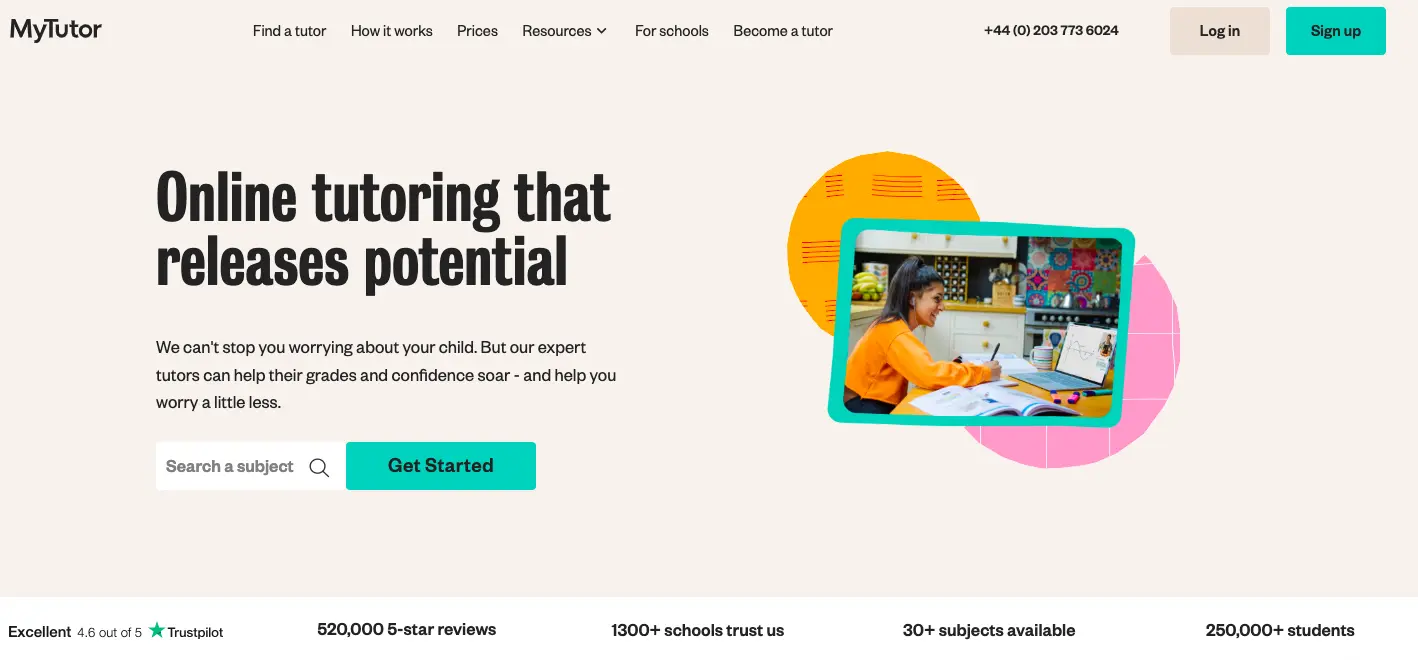 MyTutor online tutoring platform homepage showing headline “Online tutoring that releases potential,” subject search bar, and student attending an online lesson on a laptop.
