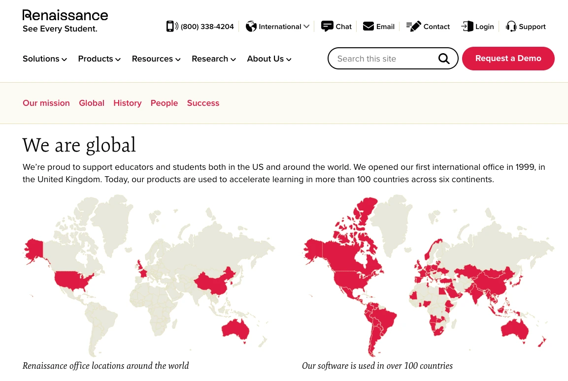 Renaissance global presence map showing office locations and software usage in over 100 countries worldwide