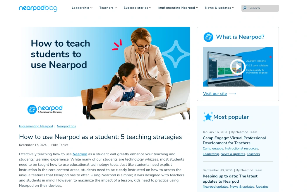 Nearpod blog article showing a teacher helping a student use Nearpod on a laptop, illustrating strategies for teaching students how to use the Nearpod platform.