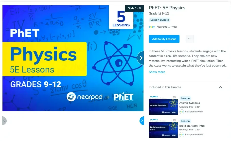 Nearpod PhET Physics 5E lessons bundle for grades 9–12 showing interactive physics simulations and lesson resources for high school students