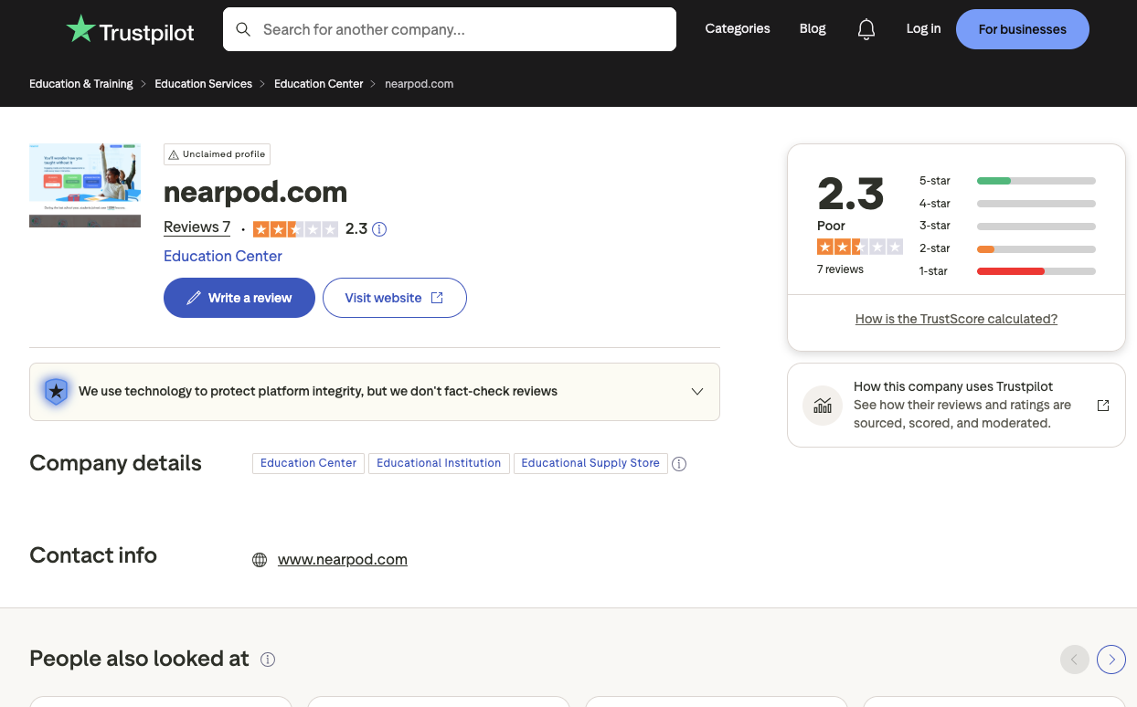Trustpilot review page for Nearpod.com showing a 2.3 out of 5 rating based on user reviews for the educational platform.