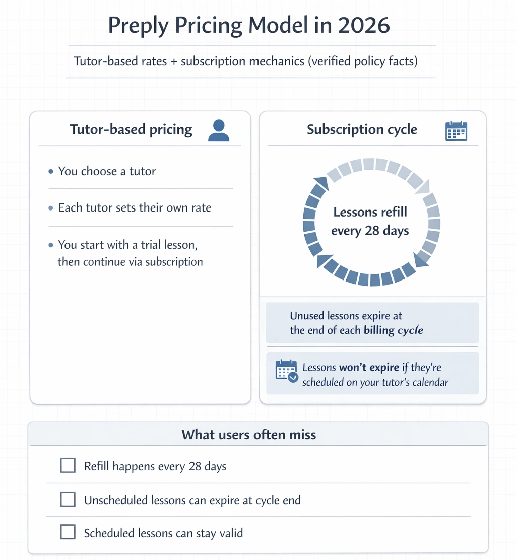 Preply pricing model infographic showing tutor-based rates and 28-day subscription cycle rules in 2026.