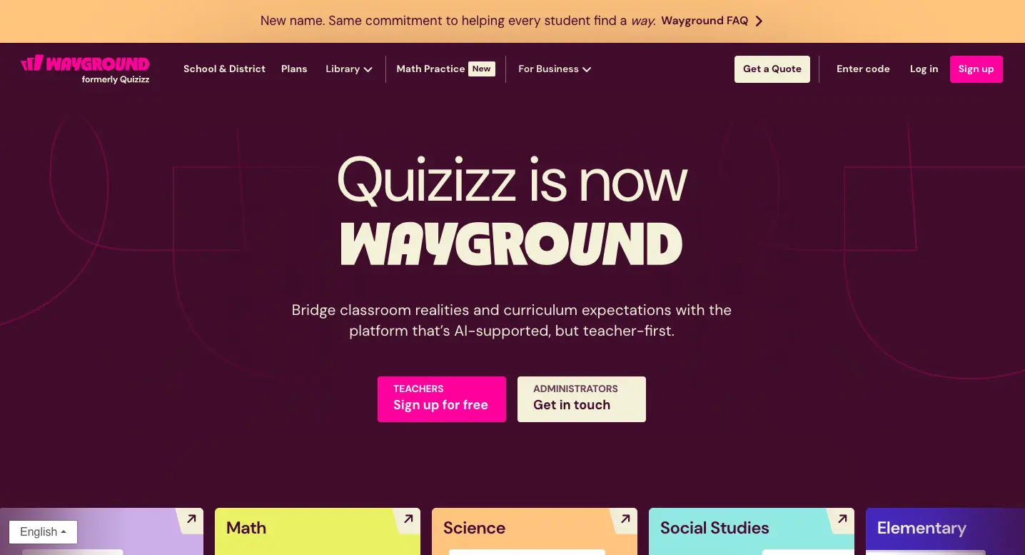 Wayground homepage announcing that Quizizz has rebranded to Wayground, an AI-supported learning platform for teachers and schools.