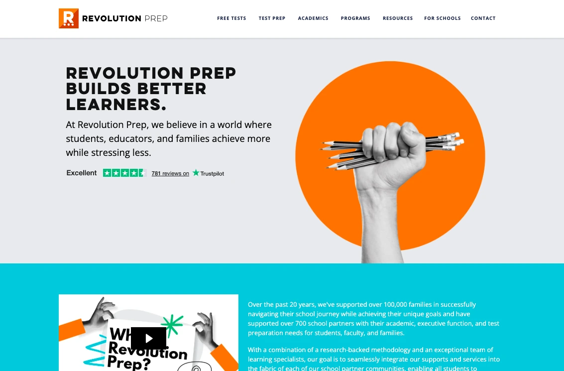Revolution Prep homepage banner with slogan builds better learners and hand holding pencils symbolizing education and academic success