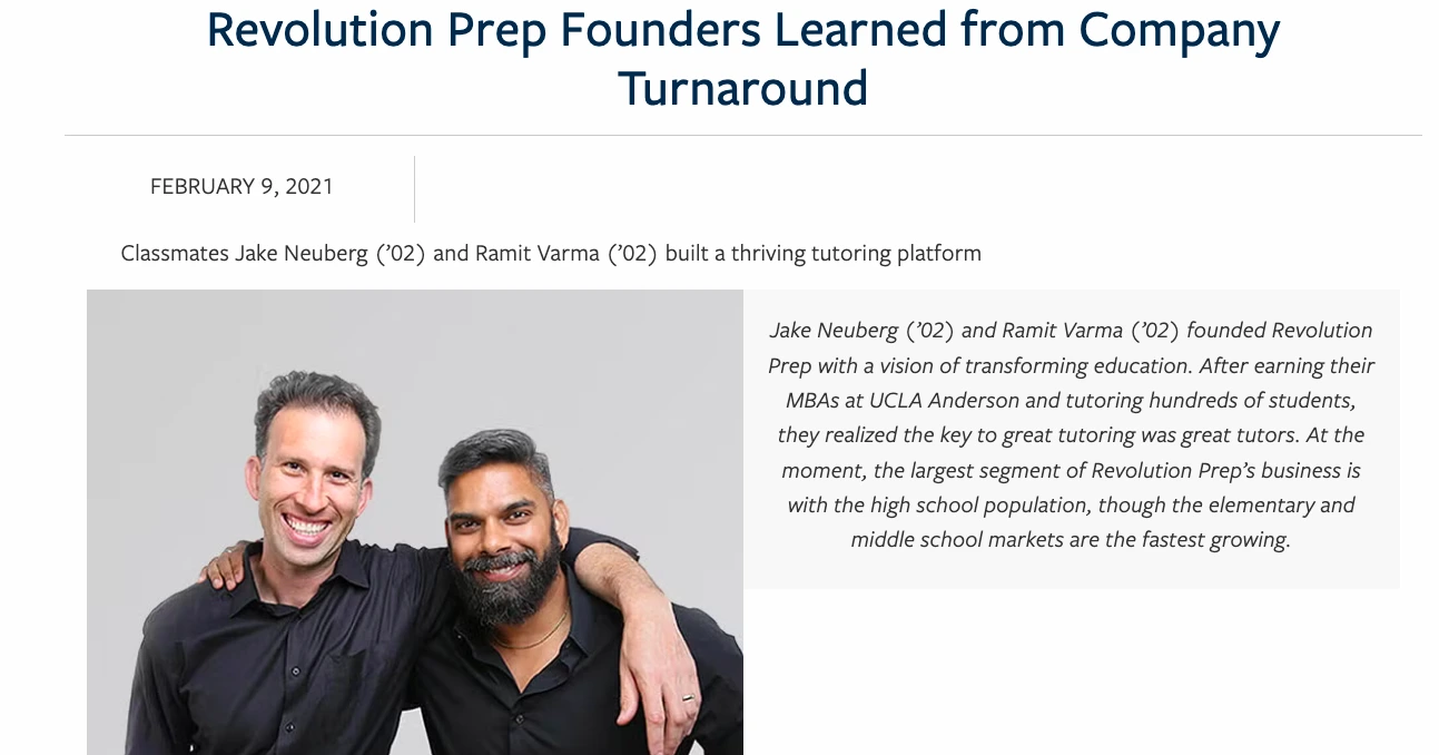 Revolution Prep founders Jake Neuberg and Ramit Varma portrait discussing company turnaround and tutoring platform success
