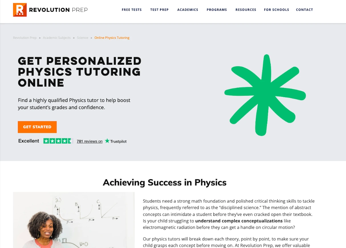 Online physics tutoring homepage banner showing personalized tutoring services with call-to-action button and Trustpilot rating