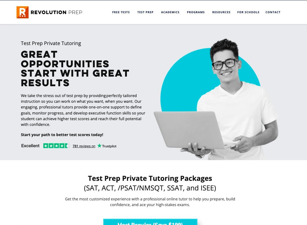 Test prep private tutoring banner showing student with laptop and personalized SAT ACT preparation services with Trustpilot rating