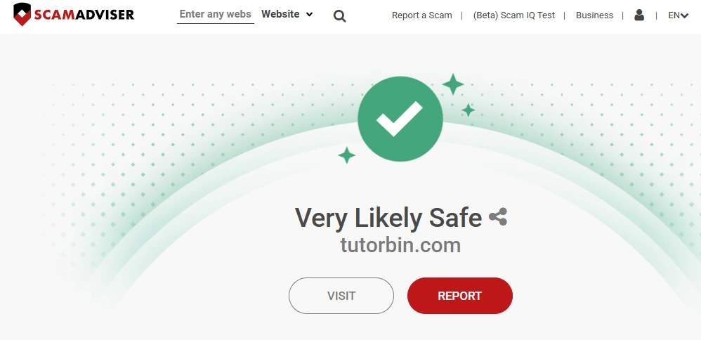Screenshot of ScamAdviser rating for tutorbin.com showing a green checkmark and the message “Very Likely Safe,” with Visit and Report buttons.