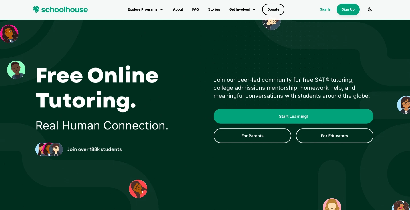 Homepage banner of Schoolhouse.world showing “Free Online Tutoring – Real Human Connection” with options for SAT tutoring, homework help, and college admissions mentorship.