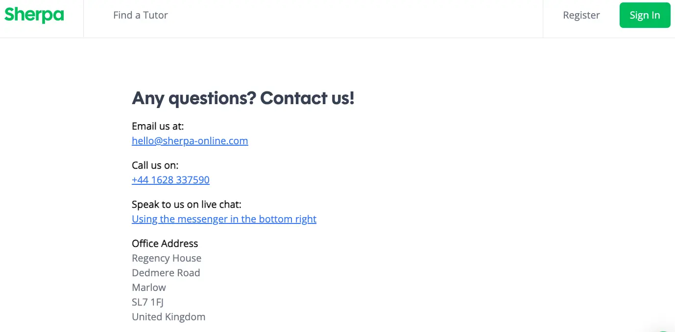 Sherpa contact page showing email, phone number, live chat option, and UK office address for customer support