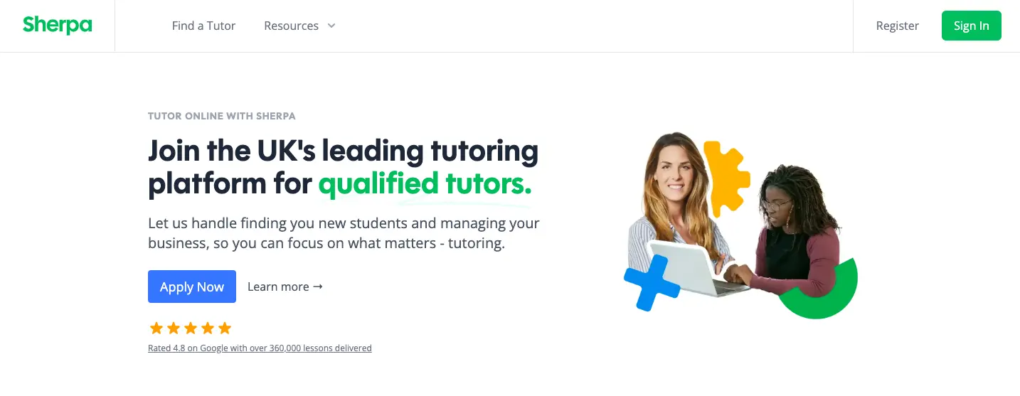 Sherpa tutoring platform banner inviting qualified tutors to join, featuring two tutors working on a laptop with apply now call-to-action