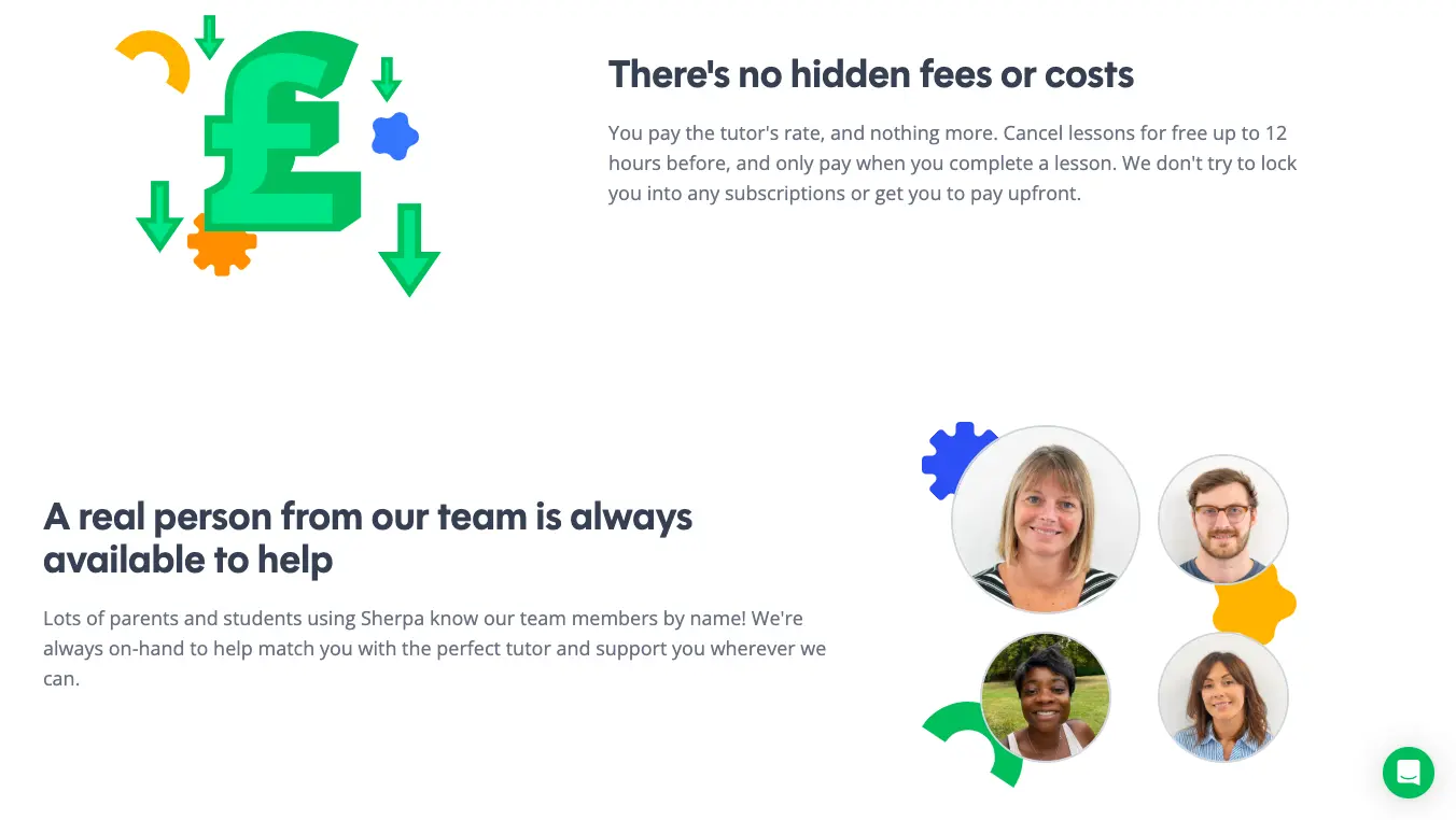 online tutoring platform illustration showing no hidden fees, flexible payments, and real support team with tutor profiles and pound currency symbol