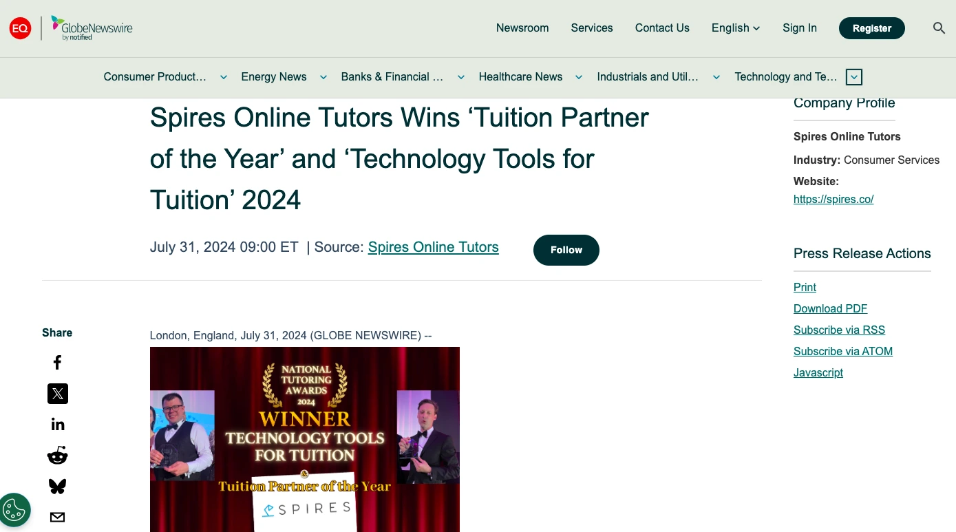 Press release on GlobeNewswire announcing Spires Online Tutors winning “Tuition Partner of the Year” and “Technology Tools for Tuition” at the 2024 National Tutoring Awards.