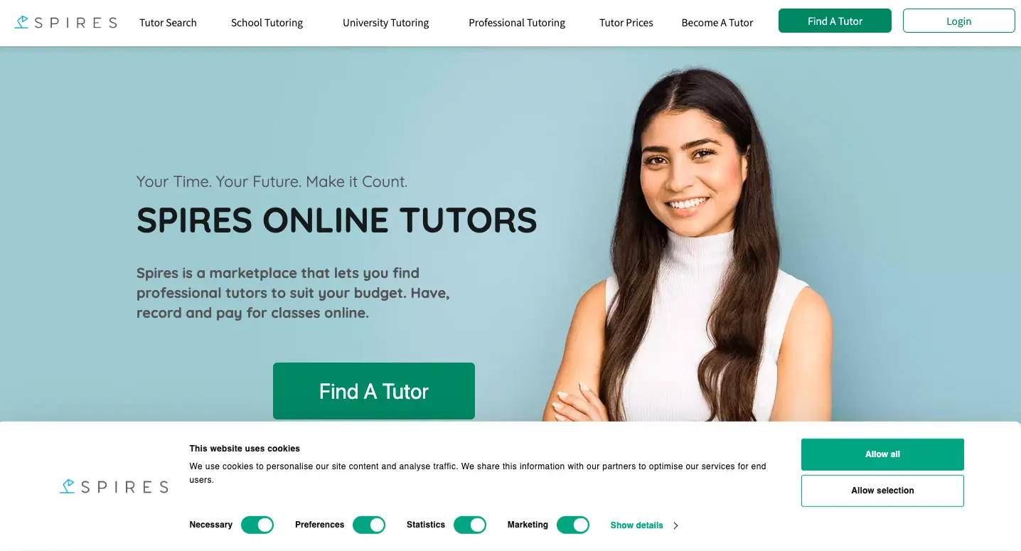 Spires Online Tutors homepage showing “Find A Tutor” button, platform description, and a tutor promoting online tutoring services.