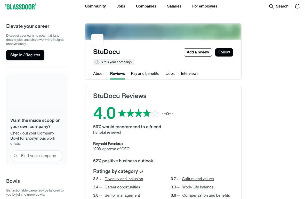 Glassdoor page showing StuDocu company reviews with 4.0 rating, employee feedback, and workplace insights