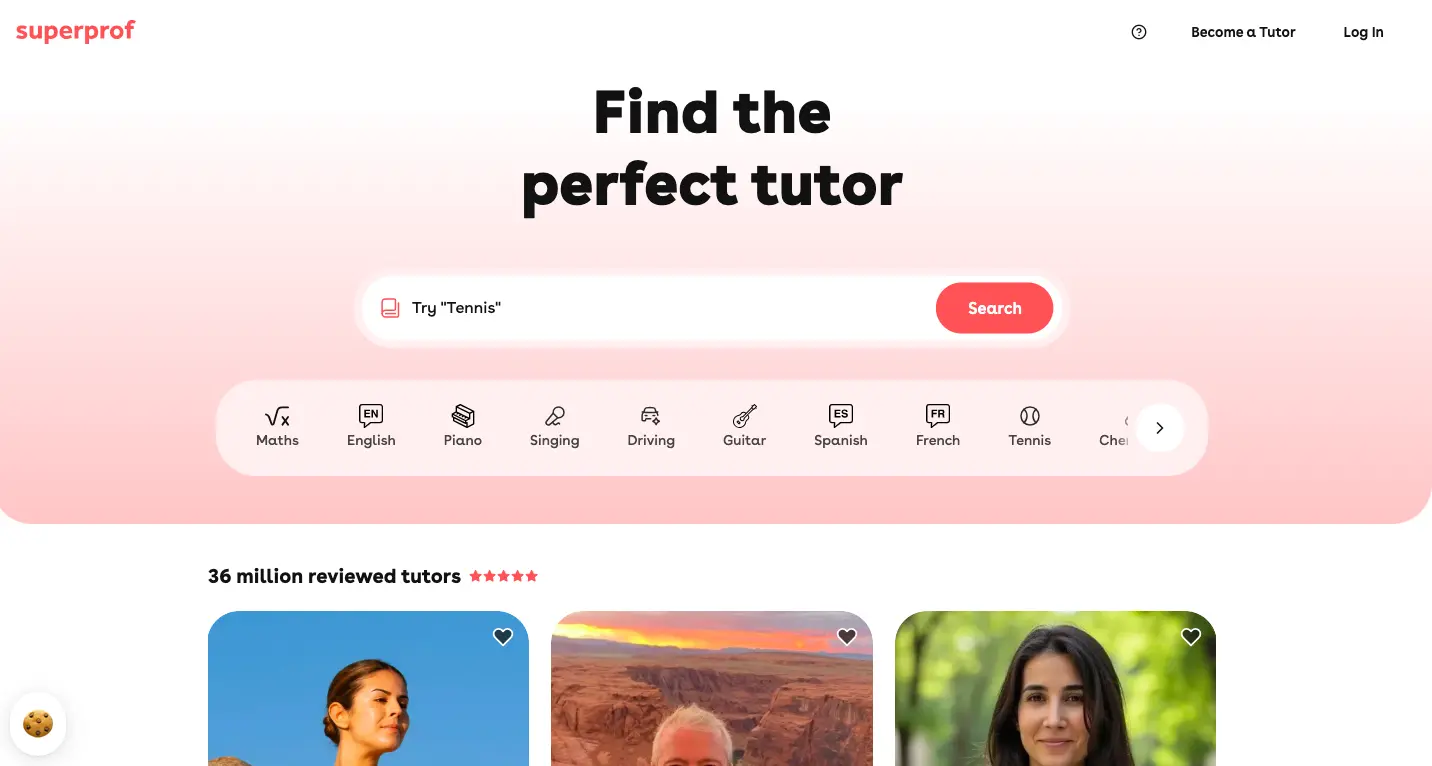 Superprof tutoring platform homepage showing “Find the perfect tutor” search bar with subjects like Maths, English, Piano, and Spanish.
