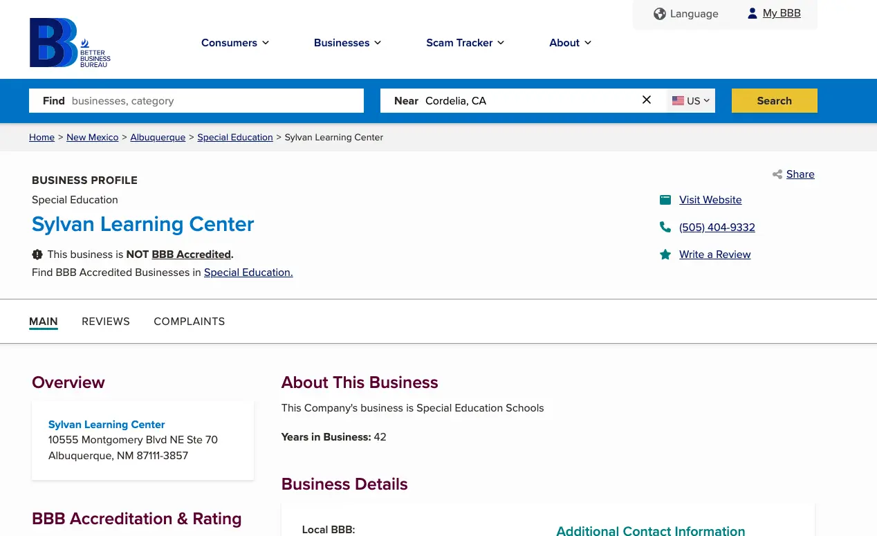 Better Business Bureau profile page for Sylvan Learning Center showing business details, location in Albuquerque NM, and accreditation status