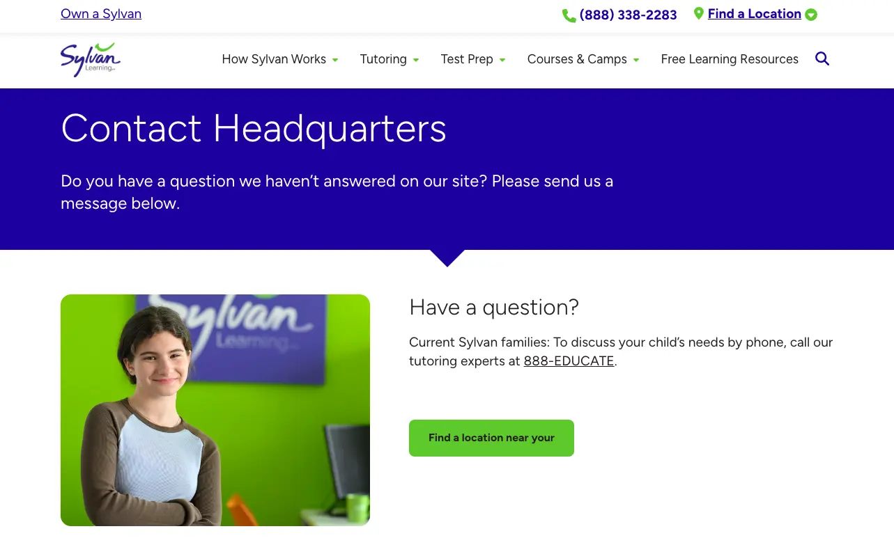 Sylvan Learning website contact section with call to action message and analytics dashboard background
