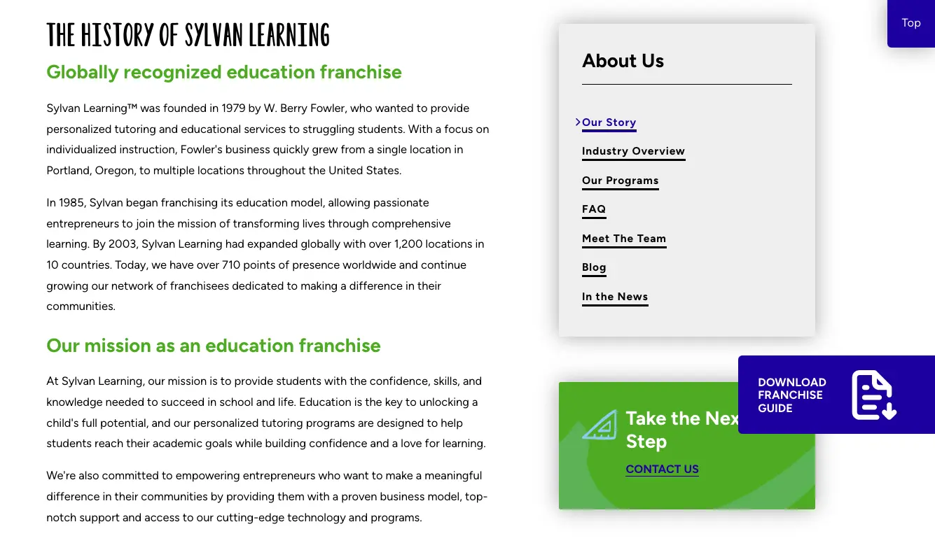 Sylvan Learning history webpage section showing company growth from Portland Oregon to nationwide locations with student background image