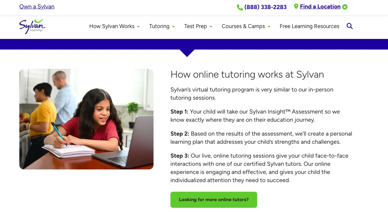 Sylvan Learning how it works page showing student assessment process and personalized learning plan steps with child studying