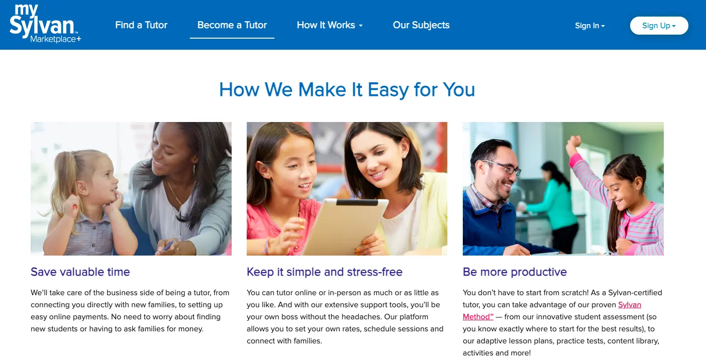 Sylvan Marketplace tutoring platform showing how it makes tutoring easy with time-saving tools, simple processes, and productive learning support