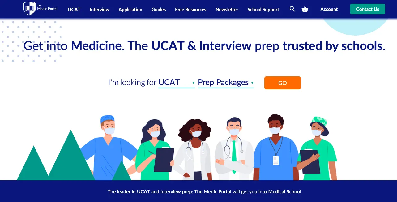 UCAT and medical school interview preparation homepage banner with diverse healthcare professionals and trusted admissions support for getting into medicine