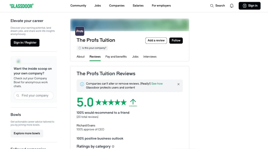 Glassdoor reviews page for The Profs Tuition showing 5 star rating, employee feedback, and company insights