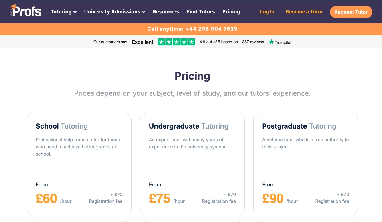The Profs tutoring pricing page showing school, undergraduate, and postgraduate tutoring hourly rates with registration fees