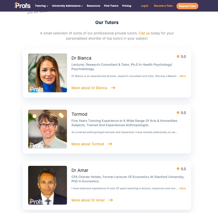 The Profs tutoring platform showing expert tutors Dr Bianca, Tormod, and Dr Amar with qualifications, experience, and 5 star ratings