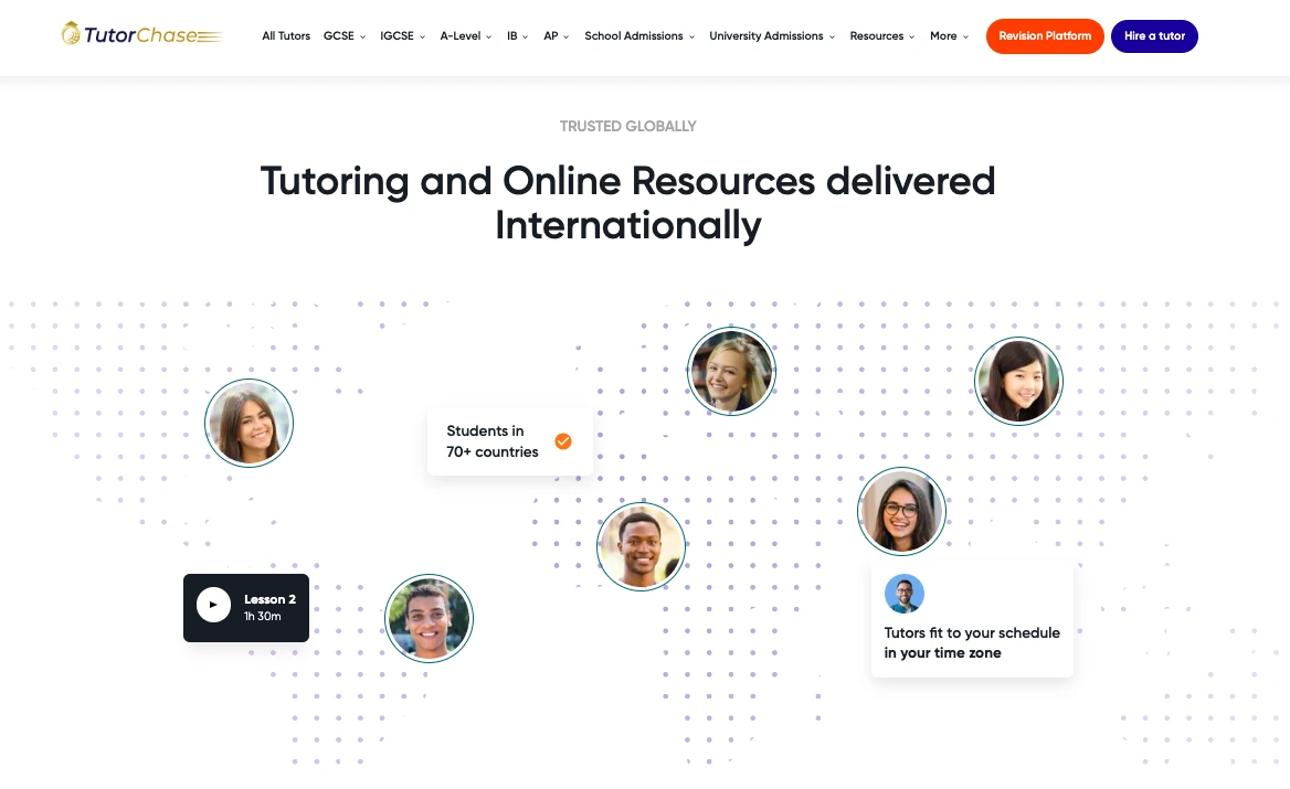 TutorChase global tutoring banner showing international student reach in 70+ countries with online resources and flexible time zone scheduling.