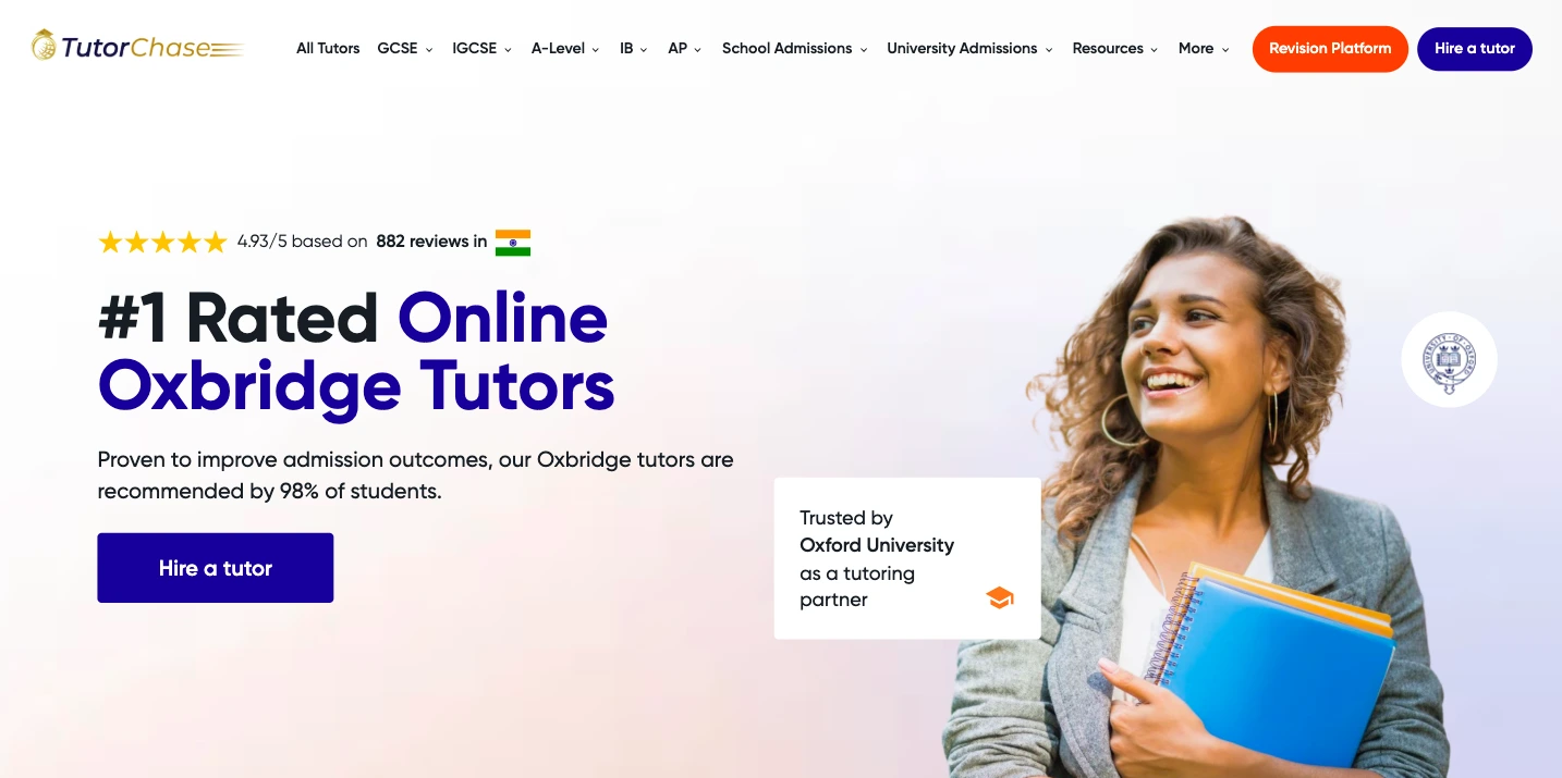 TutorChase banner showing #1 rated online Oxbridge tutors, 4.93 rating from 882 reviews, and trusted by Oxford University for admissions tutoring.