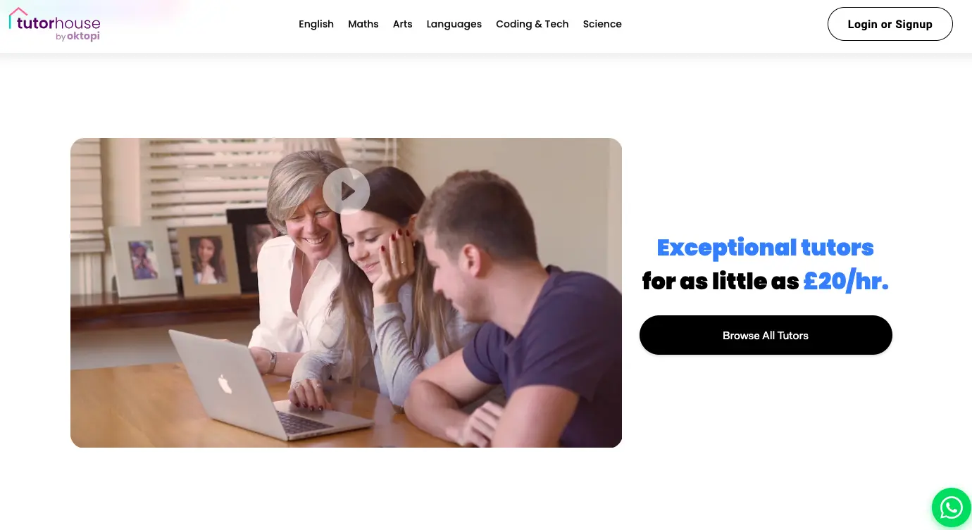 Tutorhouse tutoring platform banner showing students learning online with a tutor and pricing starting from £20 per hour