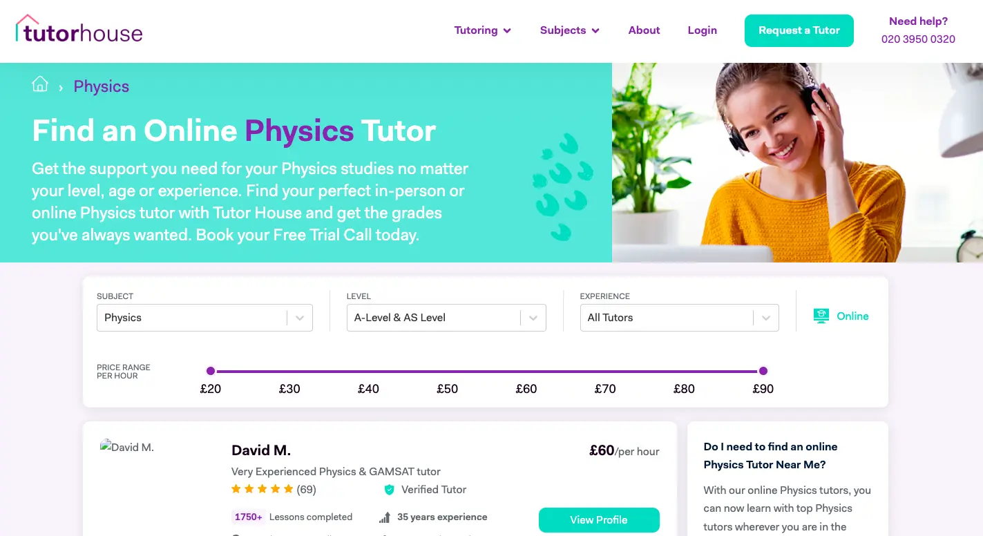 Tutorhouse physics tutoring page showing online physics tutor search filters and A-Level physics tutor profile listings