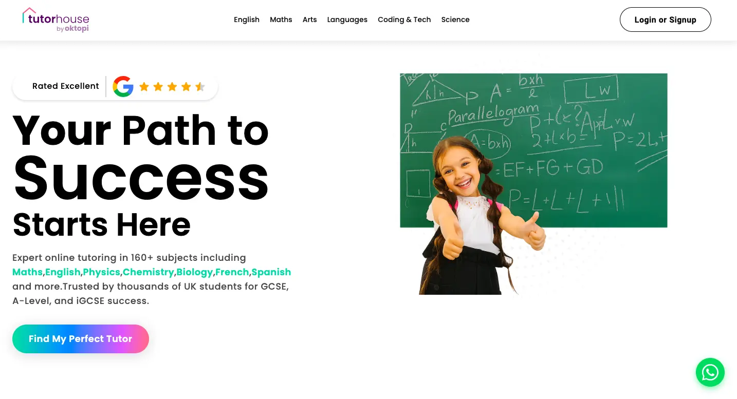 Tutorhouse online tutoring homepage showing “Your Path to Success Starts Here” with a student in front of a math chalkboard and subjects like Maths, English, Physics, and Chemistry