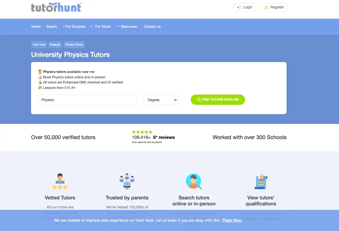 TutorHunt University Physics Tutors page showing search tool to find physics tutors near me with verified tutors and lessons from £15 per hour