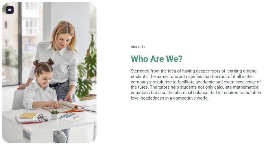 Tutoroot “About Us” page screenshot with the heading “Who Are We?” and a photo of a teacher helping a child study at a desk, describing Tutoroot’s tutoring and academic support mission.