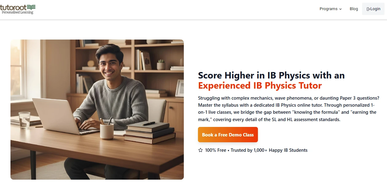 Tutoroot landing page promoting an experienced IB Physics tutor with 1-on-1 live classes and a “Book a Free Demo Class” button, showing a student studying on a laptop.