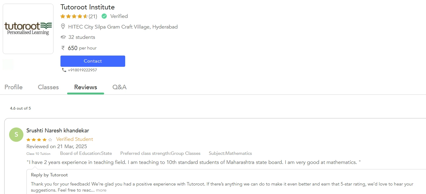 Tutoroot Institute profile reviews page showing a 4.6/5 rating, verified status, Hyderabad location, ₹650 per hour fee, and a student review with verified student badge.
