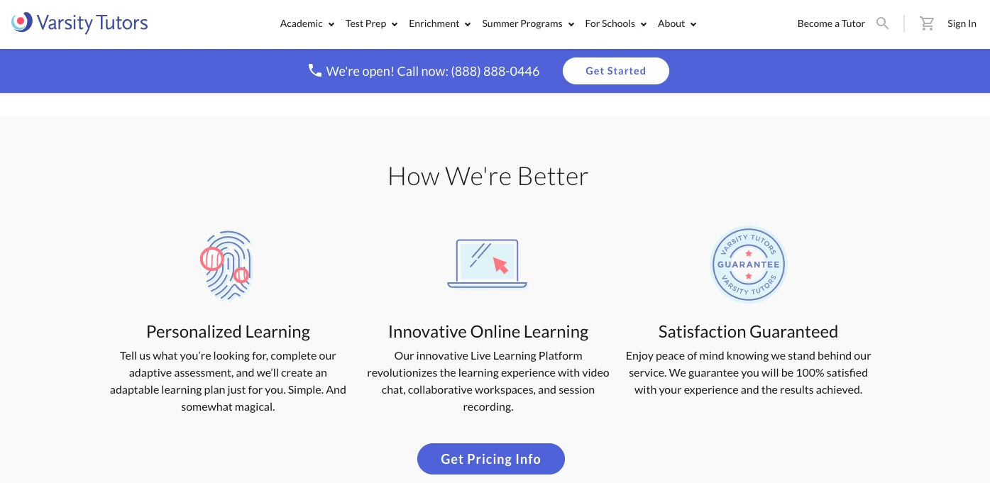 arsity Tutors webpage section showing personalized learning, innovative online learning platform, and satisfaction guarantee for online tutoring services.