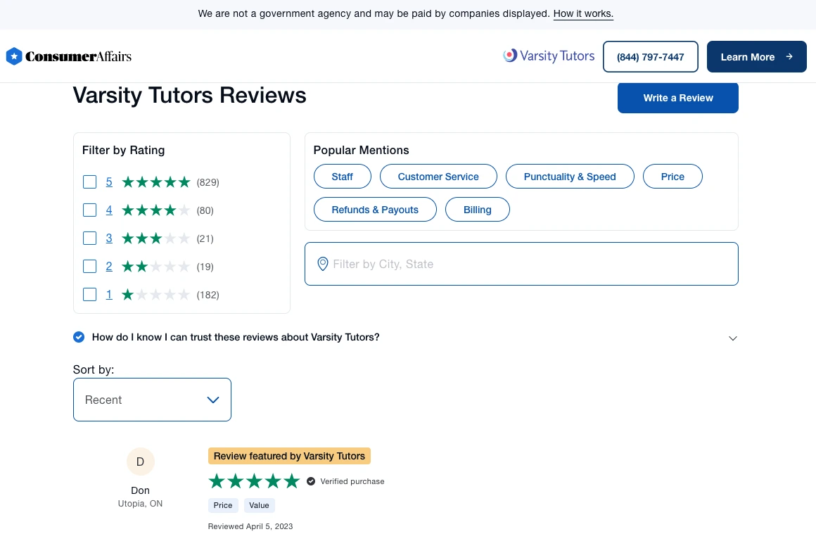Screenshot of ConsumerAffairs showing the Varsity Tutors reviews page with star ratings, review filters, and customer feedback categories like staff, customer service, and pricing.