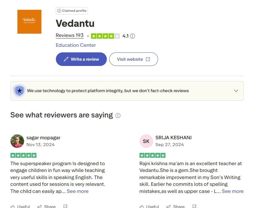 Trustpilot profile for Vedantu showing 193 reviews, a 4.1-star rating, and buttons to write a review or visit the website, with recent reviewer comments displayed below.