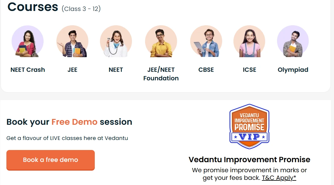 Vedantu webpage showing course categories for Class 3–12 (NEET Crash, JEE, NEET, JEE/NEET Foundation, CBSE, ICSE, Olympiad) and a section to book a free demo session with the Vedantu Improvement Promise badge.