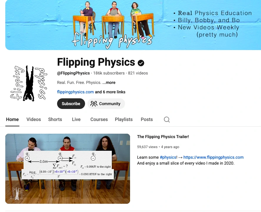 YouTube channel page of Flipping Physics showing physics education videos, subscriber count, and a featured lesson explaining physics concepts.